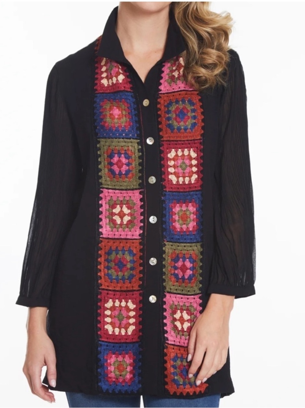 NWT John Mark Top Blouse  Womens Size M Black Crochet Button Front Tunic Artsy